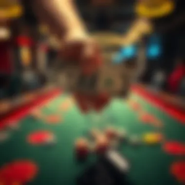 A person holding a single dollar bill above a colorful betting table filled with game chips and dice