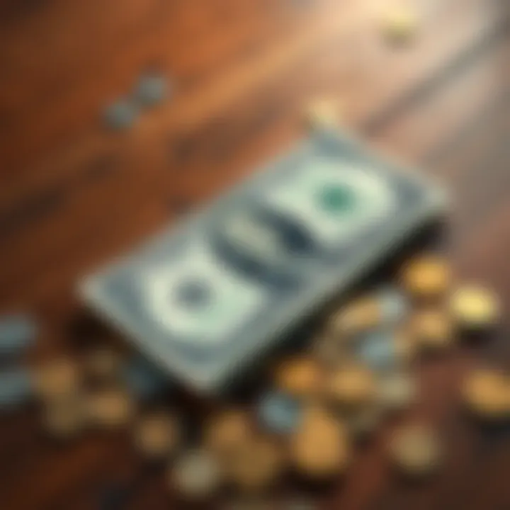 Dollar Bill on a Table A single dollar bill lying on a wooden table with coins scattered around it, symbolizing financial choices and luck in investing.
