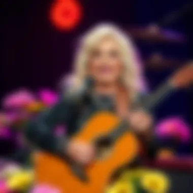 Dolly Parton joyfully holding her guitar, surrounded by flowers, celebrating her musical legacy and kindness