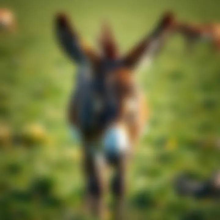 Donkey in a pasture A donkey stands in a green pasture, showcasing its unique characteristics and calm demeanor.