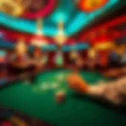 A player interacting with a double-deck blackjack table in a lively Las Vegas casino, with chips in hand and cards on the table.