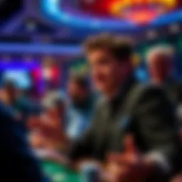 Doug Polk addressing the audience at a poker event, with players reacting in the background