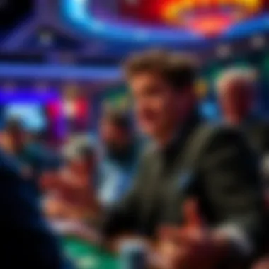 Doug Polk addressing the audience at a poker event, with players reacting in the background