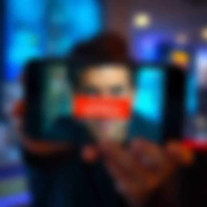 A smartphone screen displaying a blocked app message with a person looking frustrated.