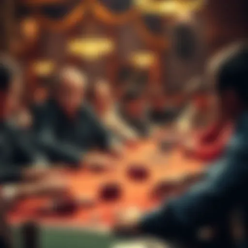 Doyle playing poker at a crowded table Doyle in action at a bustling poker table with intense players and high-stakes chips