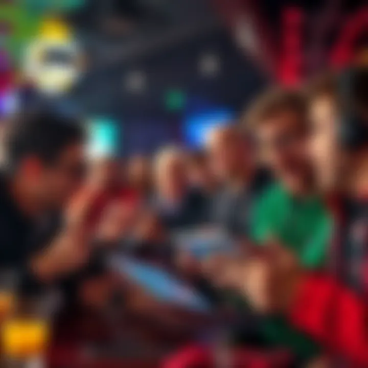 A group of frustrated fans expressing their concerns over DraftKings entry limits at a sports bar, holding tablets and discussing the unfair advantages in fantasy sports.