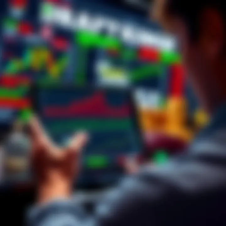 A person looking at DraftKings stock performance on a tablet, with stock charts and gambling elements in the background.