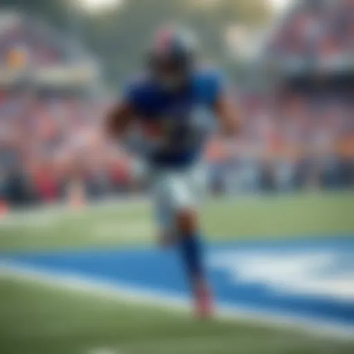 Drake Maye in football gear sprinting towards the end zone during a Super Bowl practice