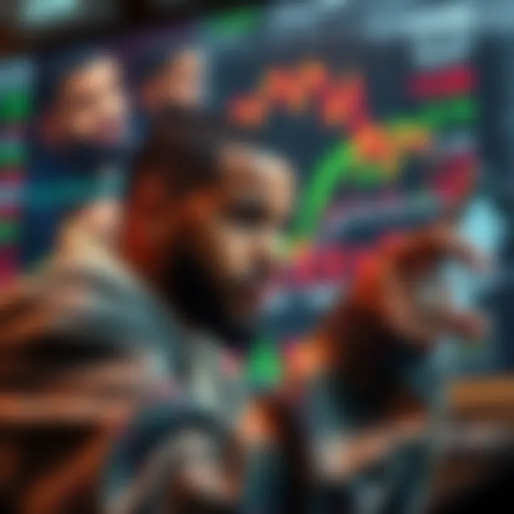 A person analyzing financial charts with images of Drake in the background, representing mimicking his moves for wealth building.