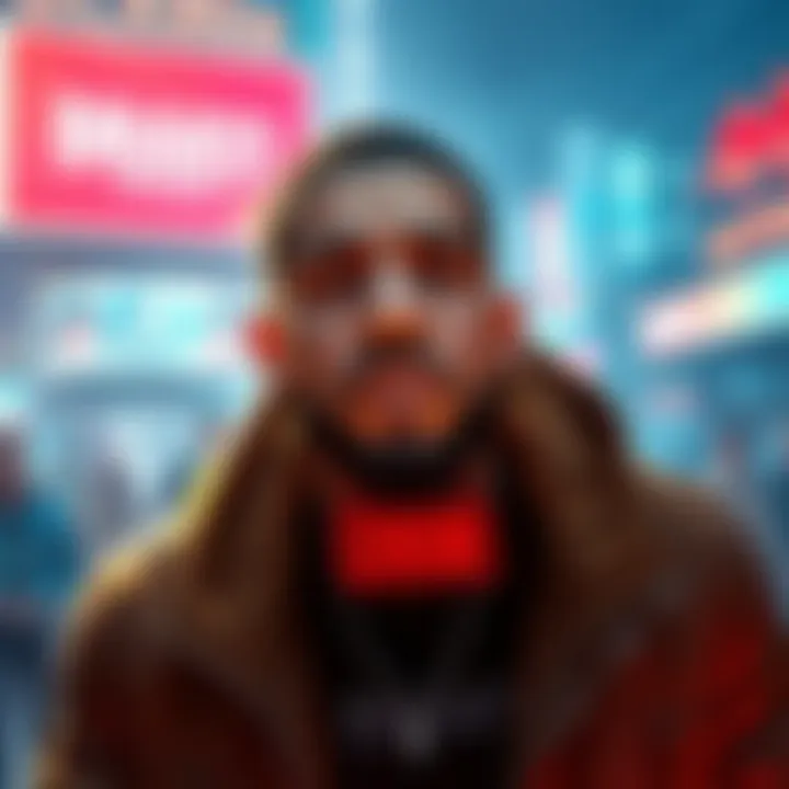 Drake in Video Game Drake featured in a video game scene with digital graphics and censorship symbols