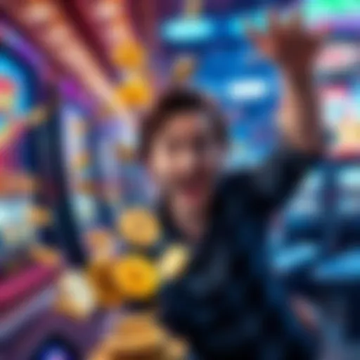 A person celebrating a big win at a slot machine, surrounded by bright lights and coins spilling out, showing excitement and surprise.