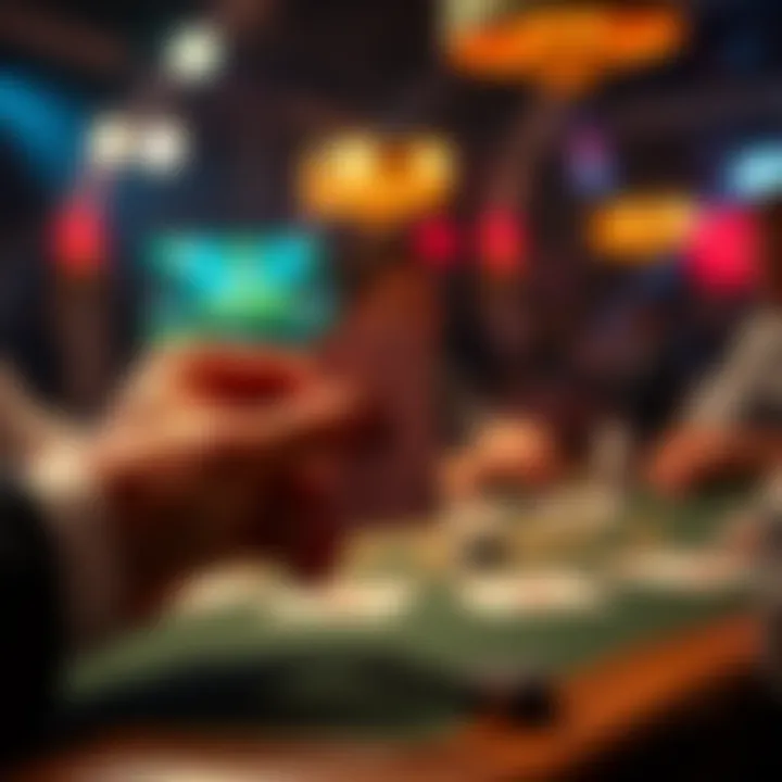 A hand revealing a deuce card in a lively card game, showcasing excitement and anticipation.