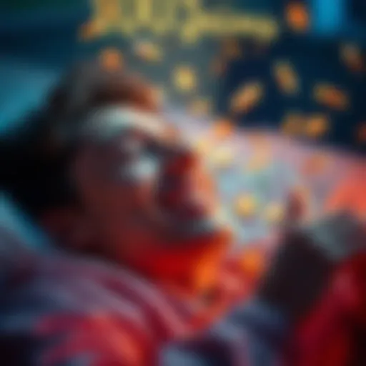 A person smiling in their sleep, dreaming about hitting a big jackpot, with bright lights and coins around them