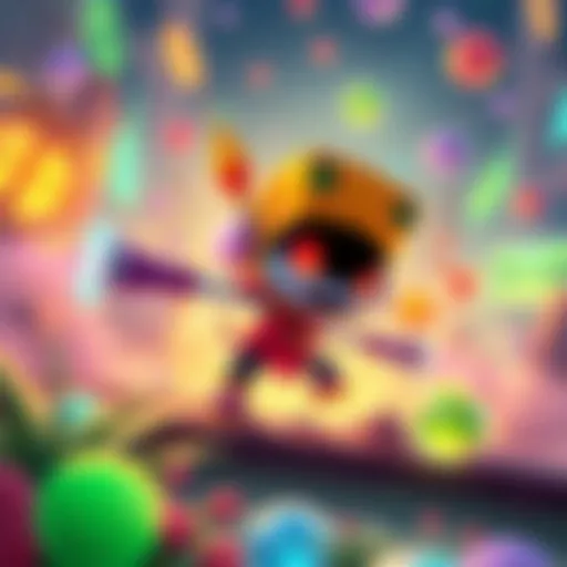 Colorful illustration of the Dropem game featuring its main character engaging with vibrant game elements