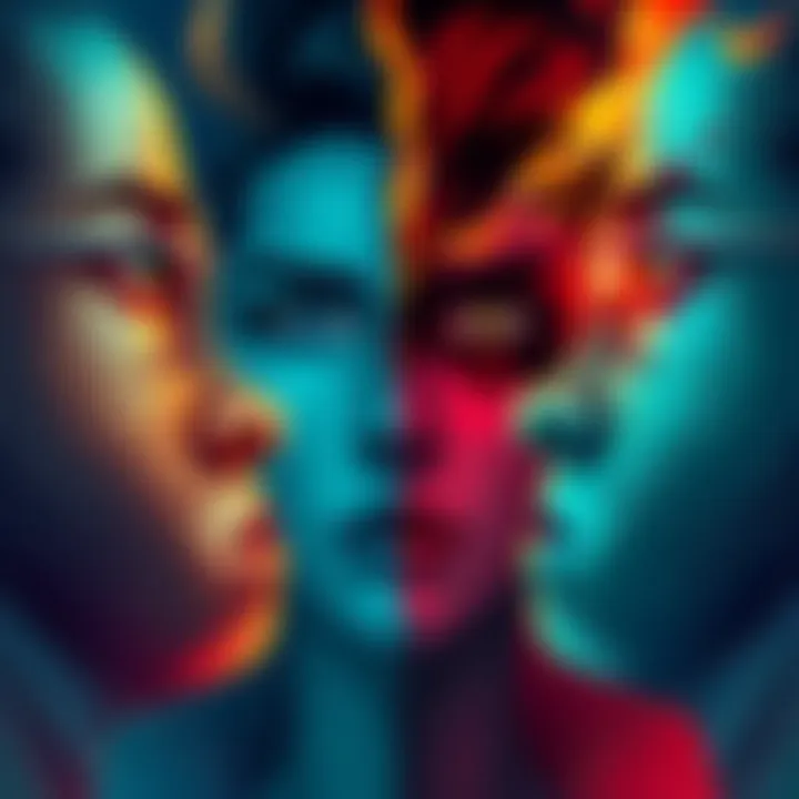 Duality of Man Concept An illustration showing a split face representing the two sides of human nature, one side dark and chaotic, the other bright and peaceful, reflecting internal conflicts.