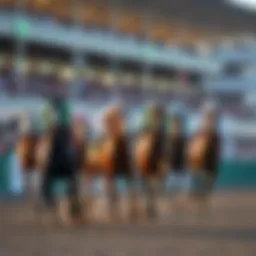 A group of thoroughbred horses competing in a race at the Dubai World Cup with spectators cheering in the background