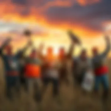 Duck hunters celebrating victory A group of duck hunters happily celebrating their recent win, holding trophies and gear in a field.