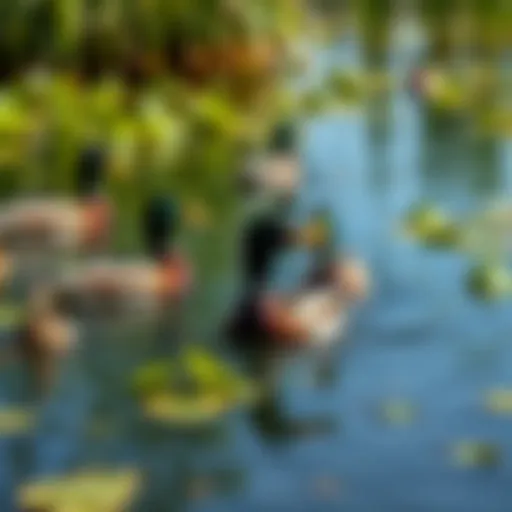 A group of ducks swimming in a serene pond surrounded by green plants