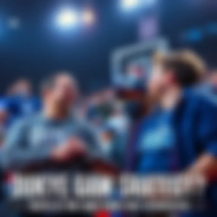 Two fans discussing whether to hit or cash out after a Duke basketball game, with excitement in the air