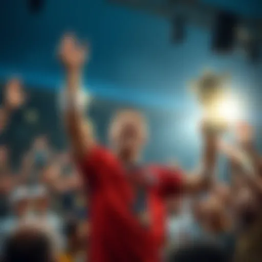 Duncan celebrating his victory with a trophy in hand, smiling and surrounded by cheering fans.