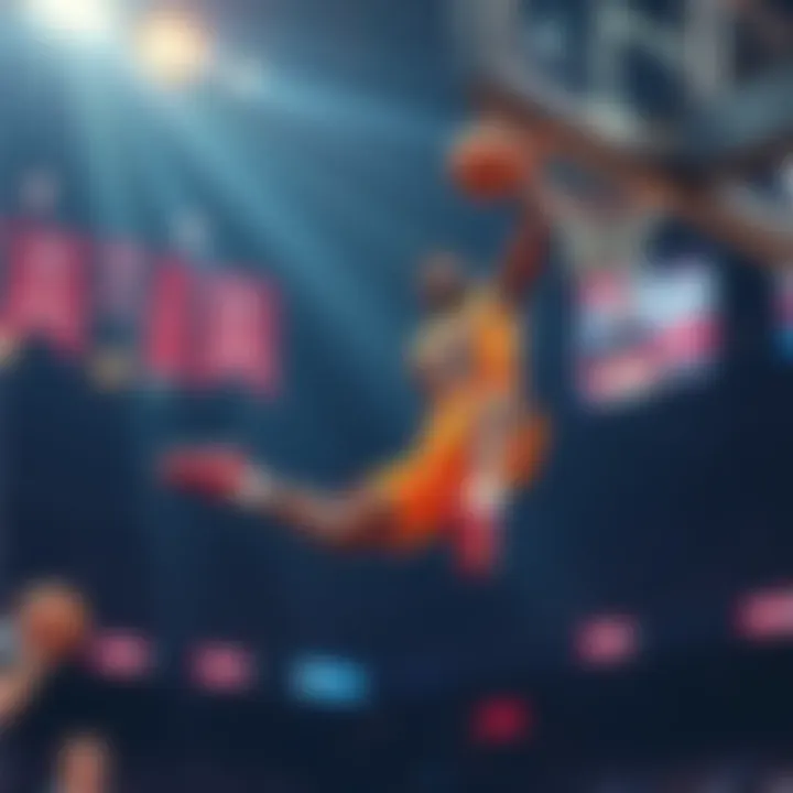 A basketball player performing a slam dunk during an exciting dunk contest.