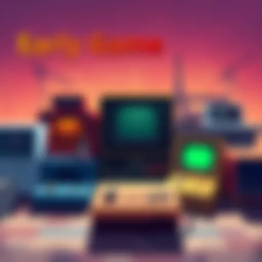 Illustration of classic board games and early video games, showing the progression of gaming through history.