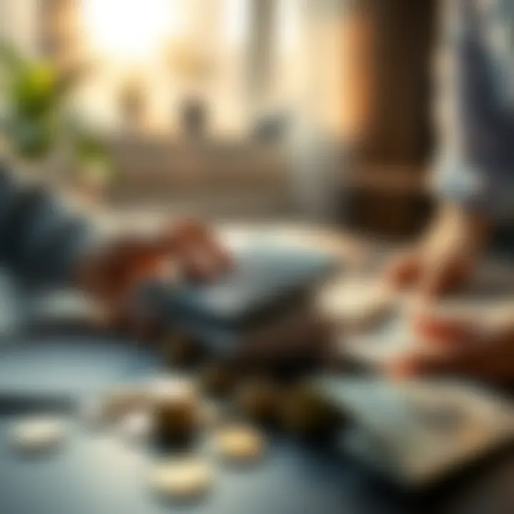 A person counting cash with a calculator on a table, surrounded by notes and coins during the morning light