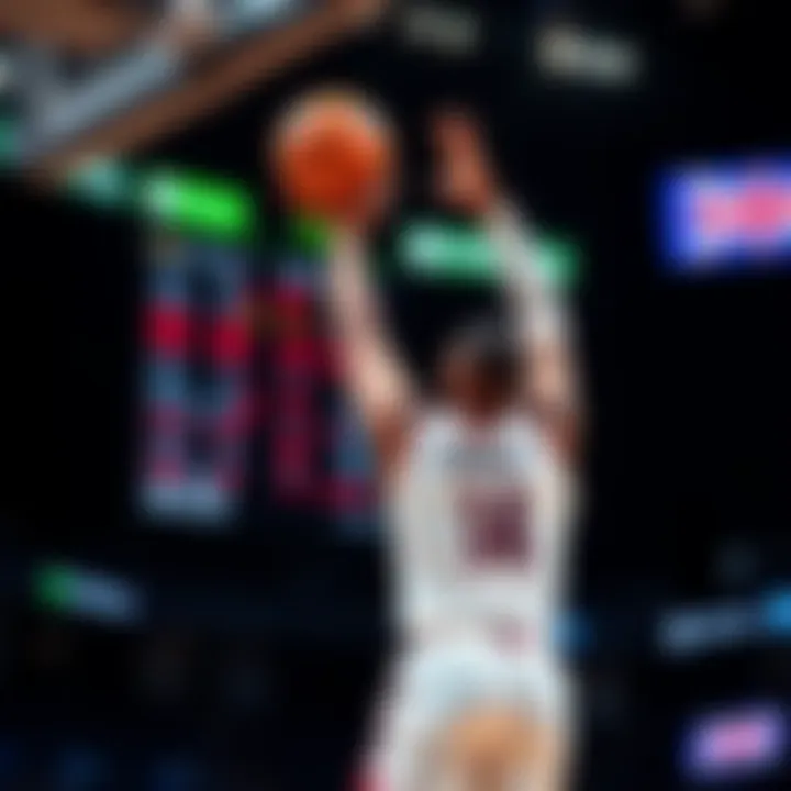 A basketball player shooting a three-pointer with odds displayed on a scoreboard in the background