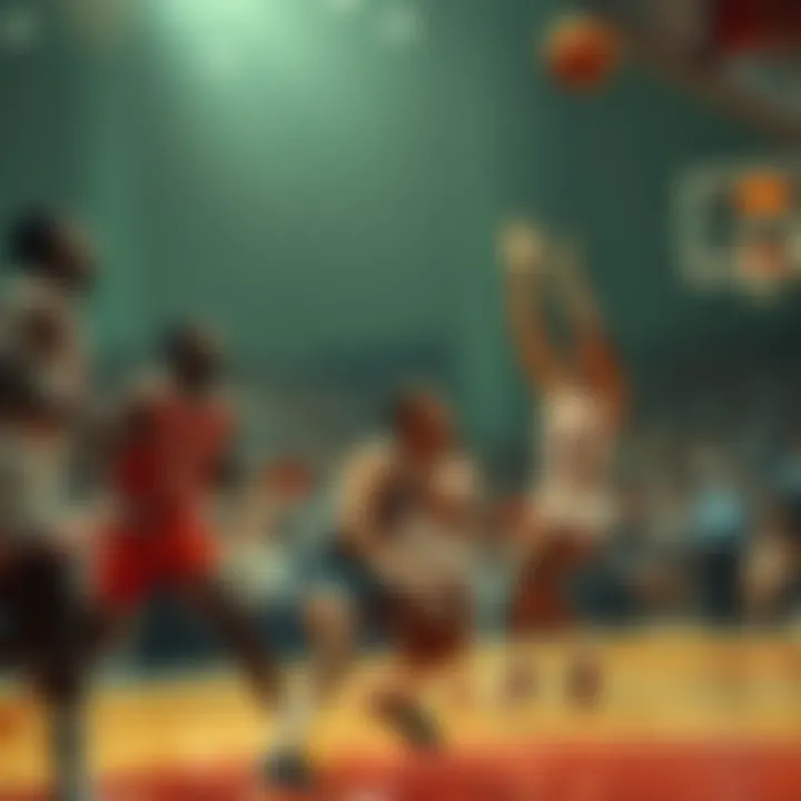 Vintage basketball game featuring players in classic uniforms, showcasing intense competition and crowd excitement.