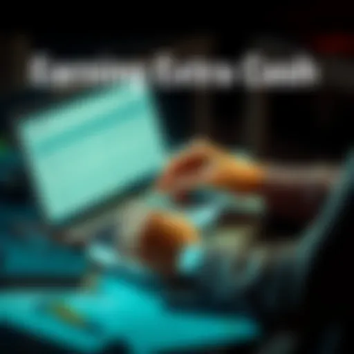 A person counting money with a laptop open, surrounded by financial documents and a coffee cup.