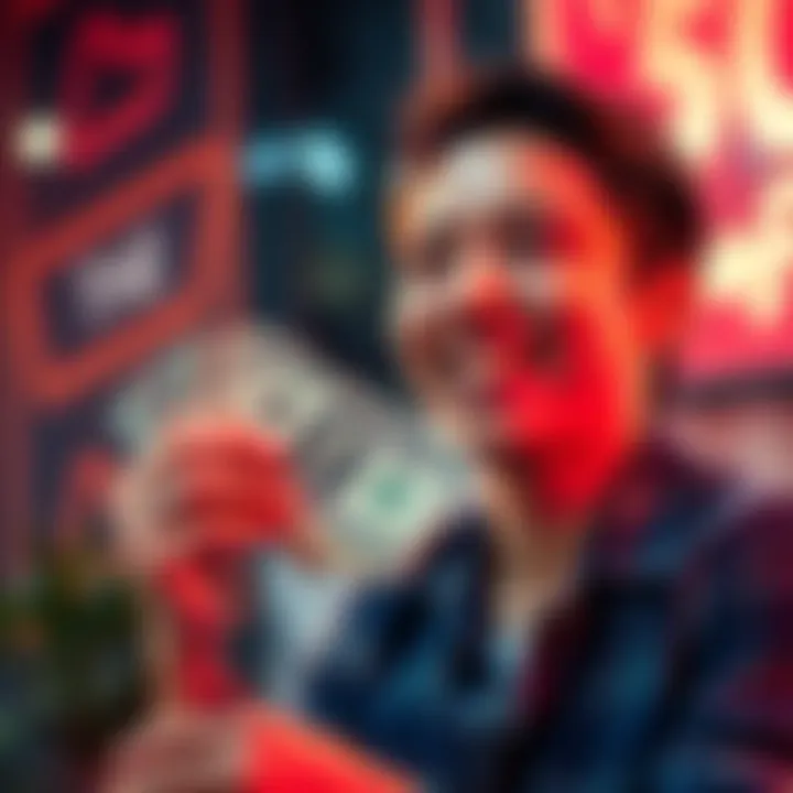 A person smiling while holding cash, looking pleased with their earnings