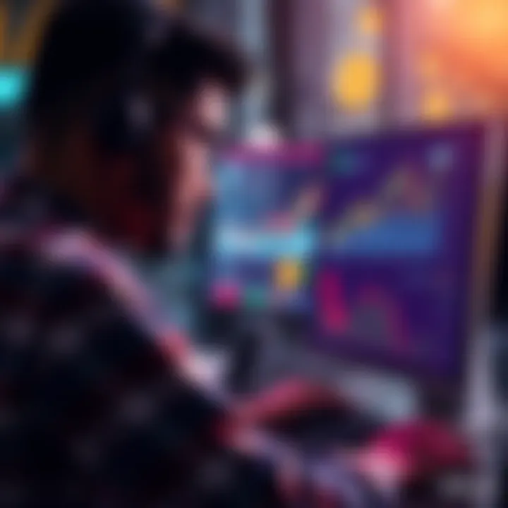 A person looking at a computer screen with financial graphs and money symbols, representing the search for earning opportunities.