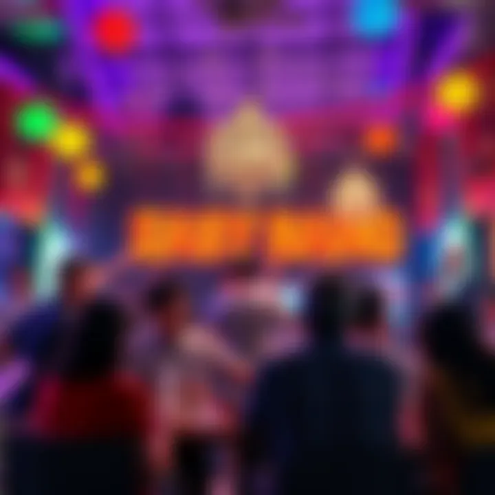 A group of people enjoying a lively game night with colorful lights and decorations, showcasing the excitement of Easy Bang