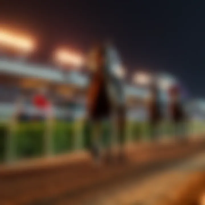 Easy Goer crosses the finish line in first place during an exciting horse race, with cheering spectators in the background.