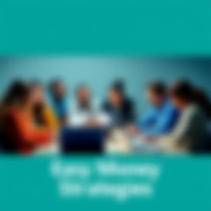 A diverse group of people discussing innovative financial strategies around a table with laptops and documents.