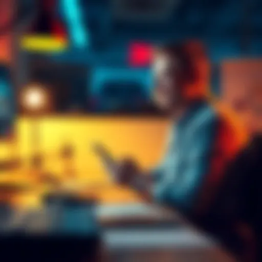Eddie Sparks sitting at a desk with a phone in hand, smiling at a tweet about a new release