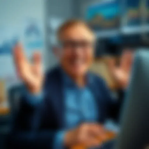 Eddie Celebrating Success Eddie smiling in an office, surrounded by charts and a computer, celebrating his billion-dollar success