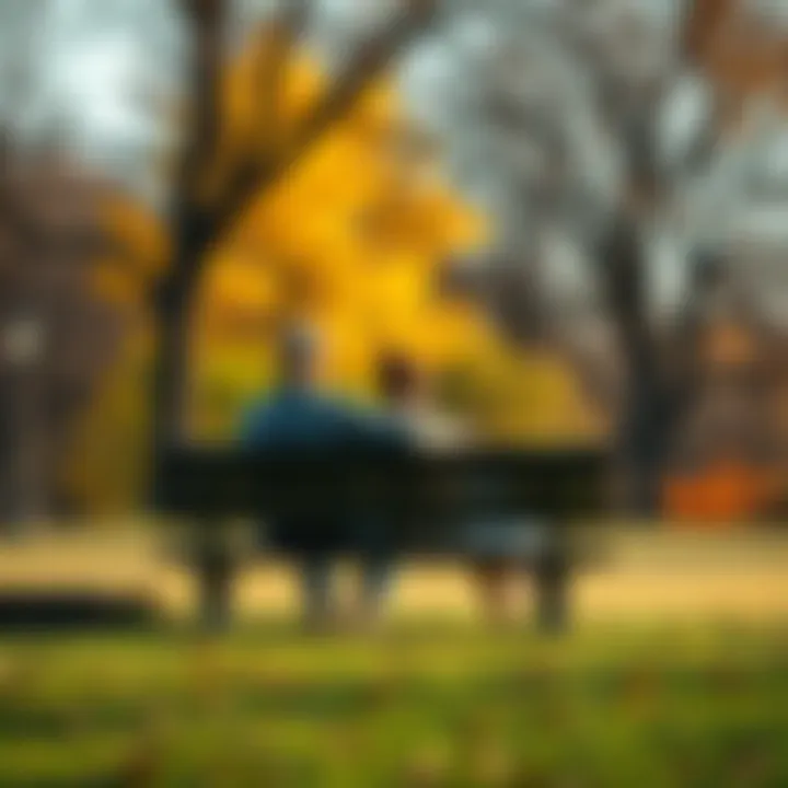 A scene depicting Edwards and Brown sitting on a park bench, looking thoughtful, surrounded by trees showing signs of changing seasons, symbolizing the mix of hope and depression.