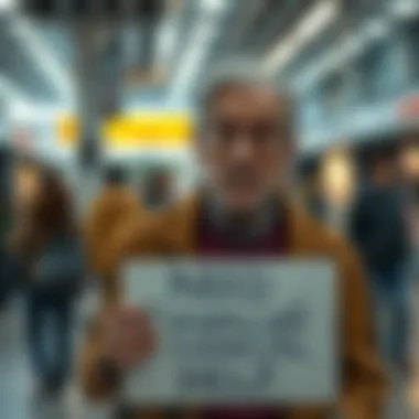 A 61-year-old individual looking worried while holding a sign that reads 'Need Financial Help' in a public space.