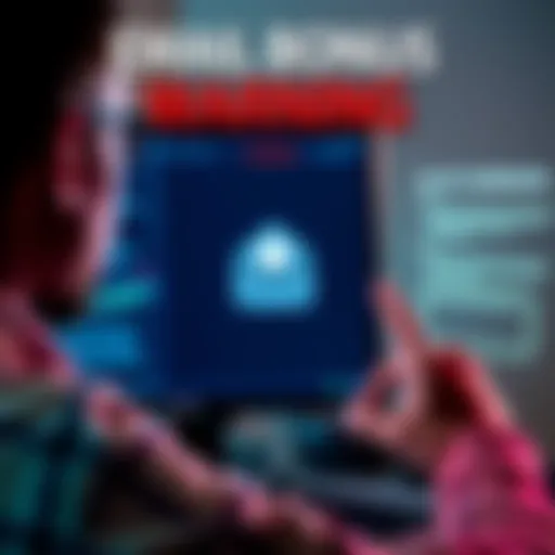 A person looking at a suspicious email on their computer, holding a hand to their chin in concern.