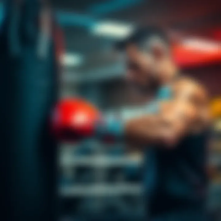 Emmett in a boxing gym, practicing punches on a heavy bag, focused and determined.