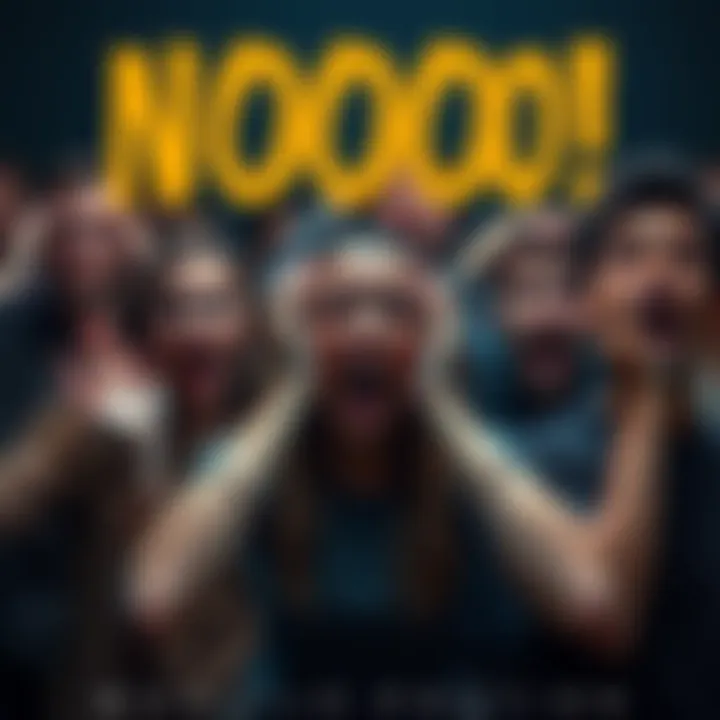 A group of people expressing shock and disbelief, reacting to a surprising event, some with hands on their heads and open mouths in a dramatic pose.