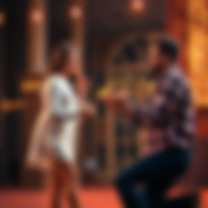 A man kneels with a ring in hand, smiling at his girlfriend who looks surprised and happy, hinting at a romantic engagement proposal.