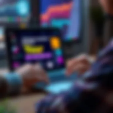 Engaging Online Post Creation Person working on a laptop with vibrant graphics and content ideas displayed.