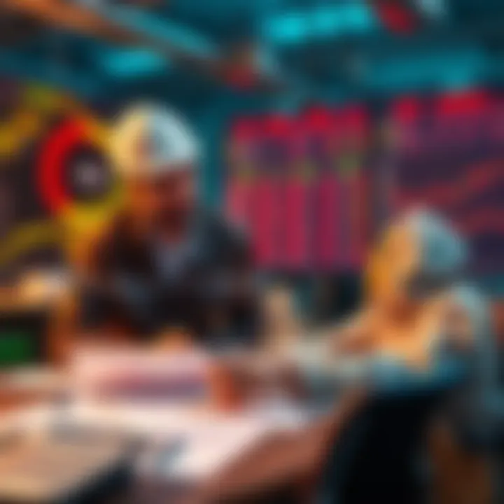 An engineer discussing betting strategies with a potential partner, surrounded by charts and a calculator.