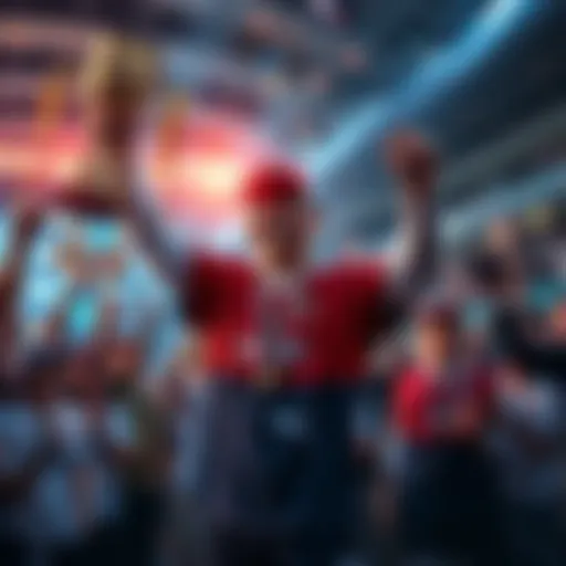 Ensan celebrating a potential tournament victory with a trophy in hand, surrounded by cheering fans and fellow competitors.