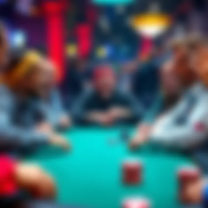 Entertaining Poker Pros on TV A group of well-known poker players, including Tom Dwan, Ivey, and Helmuth, playing at a poker table with excitement on their faces.
