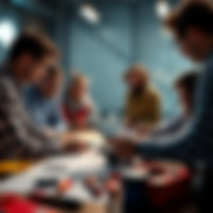 A group of people discussing plans for upcoming challenges in various projects, with tools and blueprints spread out on a table.