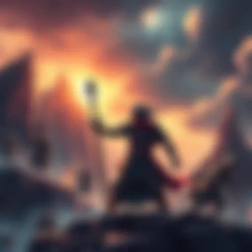 A fierce warrior stands ready for battle, showcasing strength and determination, surrounded by a dramatic landscape of cliffs and stormy skies.