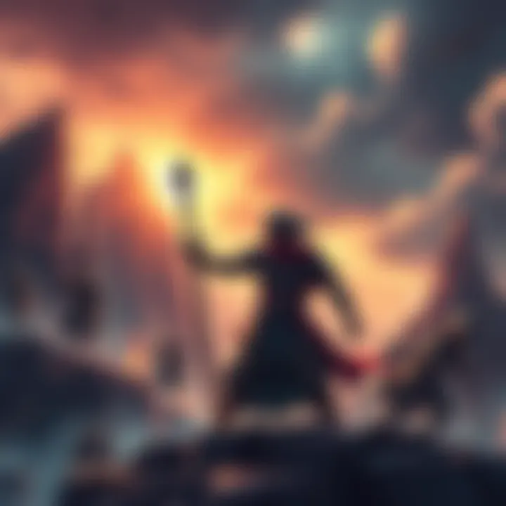 A fierce warrior stands ready for battle, showcasing strength and determination, surrounded by a dramatic landscape of cliffs and stormy skies.